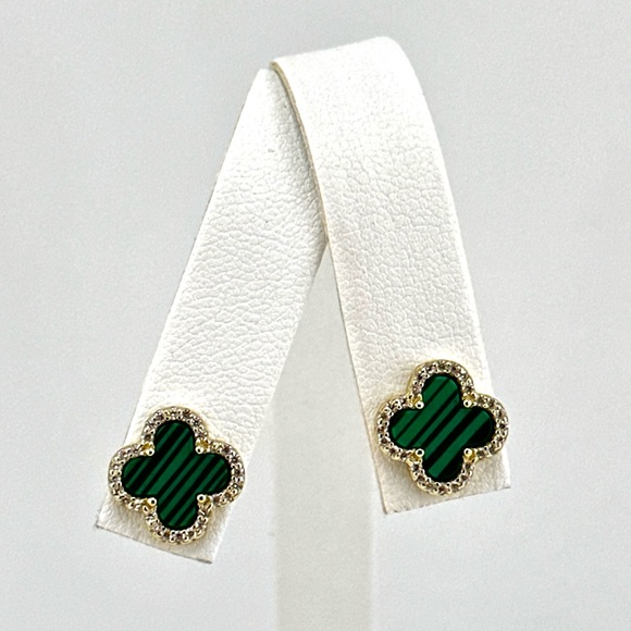 18K Gold Plated over 925 Solid Sterling Silver Clover Malachite Earrings - Picture 2 of 7